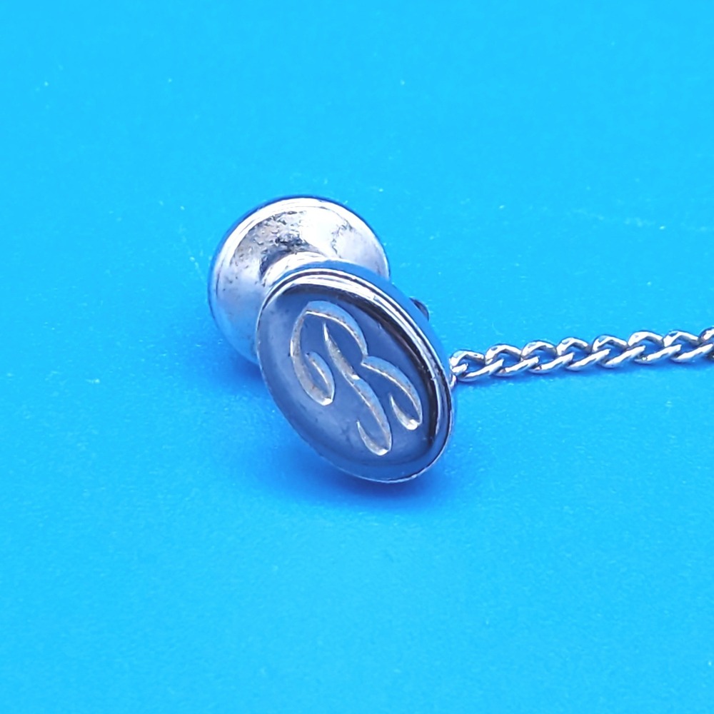 Vintage Silver Tone Initial B Tie Tack with Chain and T-Bar Stay Mens Accessory